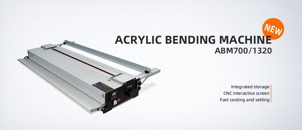 Acrylic bending machine with branding and product details on a white background
